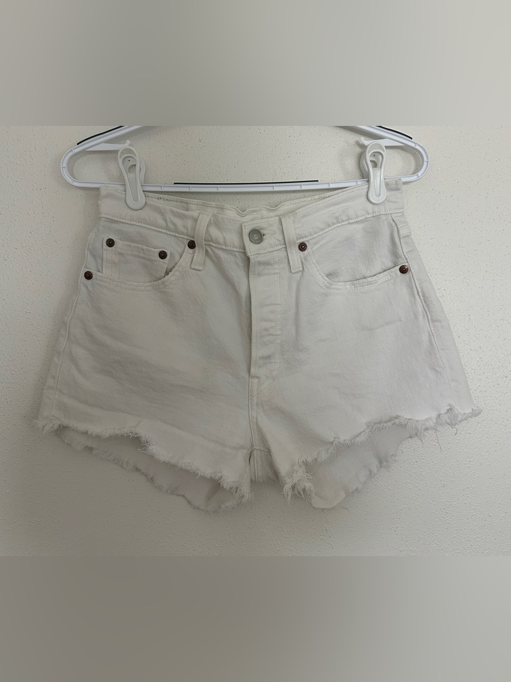 Levi's White Frayed Hem High-Rise Denim Shorts